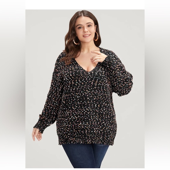 BloomChic Plus Size Color Ping Pong Yarns V Neck Popcorn Knit Top - Picture 7 of 8